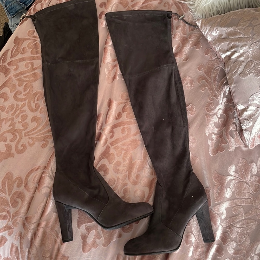 Grey high knee heel boots